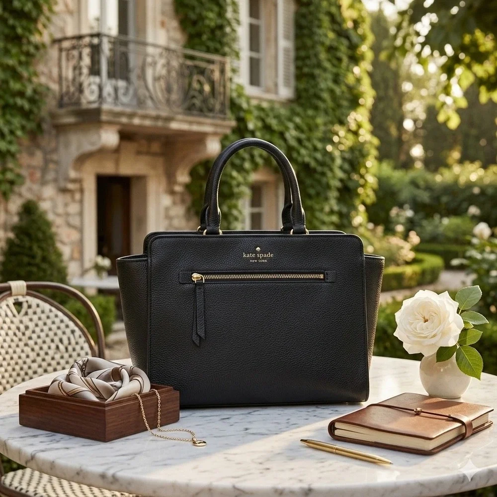 Kate Spade New York Black Pebbled Leather Satchel Handbag Gold Hardware